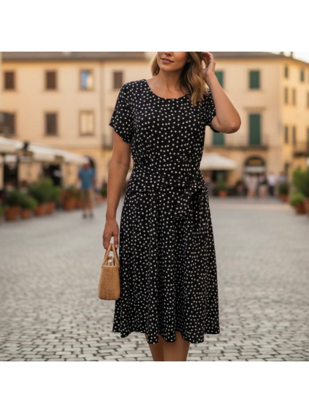 Leota Black Giselle White Polka Dot Tie Waist A-Line Dress